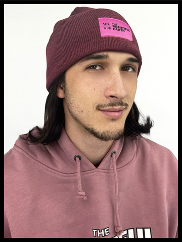 THE YEAR-ROUND BEANIE IN RUBY SUNSET w/ PINK PATCH ON JACOB THE BEAUTIFUL EARTH | Conscious Clothing Brand + Healthy Essentials