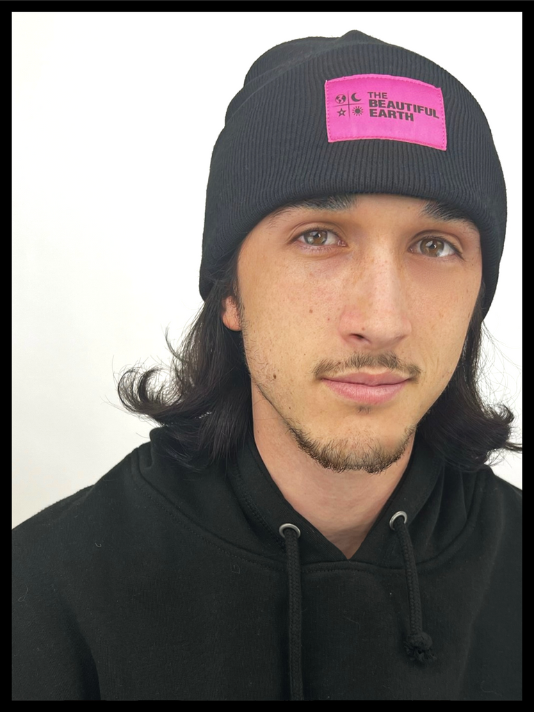 THE YEAR-ROUND BEANIE in ONYX w/ PINK PATCH on JACOB THE BEAUTIFUL EARTH | Conscious Clothing Brand + Healthy Essentials