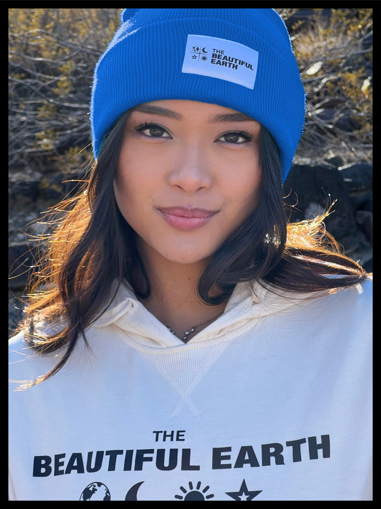 THE YEAR-ROUND BEANIE in DESERT BLUE W/ WHITE PATCH on RACHEL THE BEAUTIFUL EARTH | Conscious Clothing Brand + Healthy Essentials
