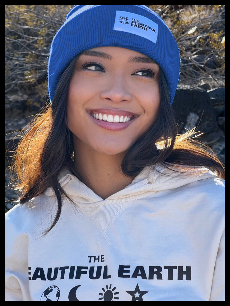 THE YEAR-ROUND BEANIE in DESERT BLUE W/ WHITE PATCH on RACHEL THE BEAUTIFUL EARTH | Conscious Clothing Brand + Healthy Essentials