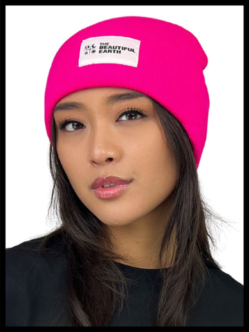 THE YEAR-ROUND BEANIE in HOT PINK OPAL w/ WHITE PATCH on RACHEL THE BEAUTIFUL EARTH | Conscious Clothing Brand + Healthy Essentials