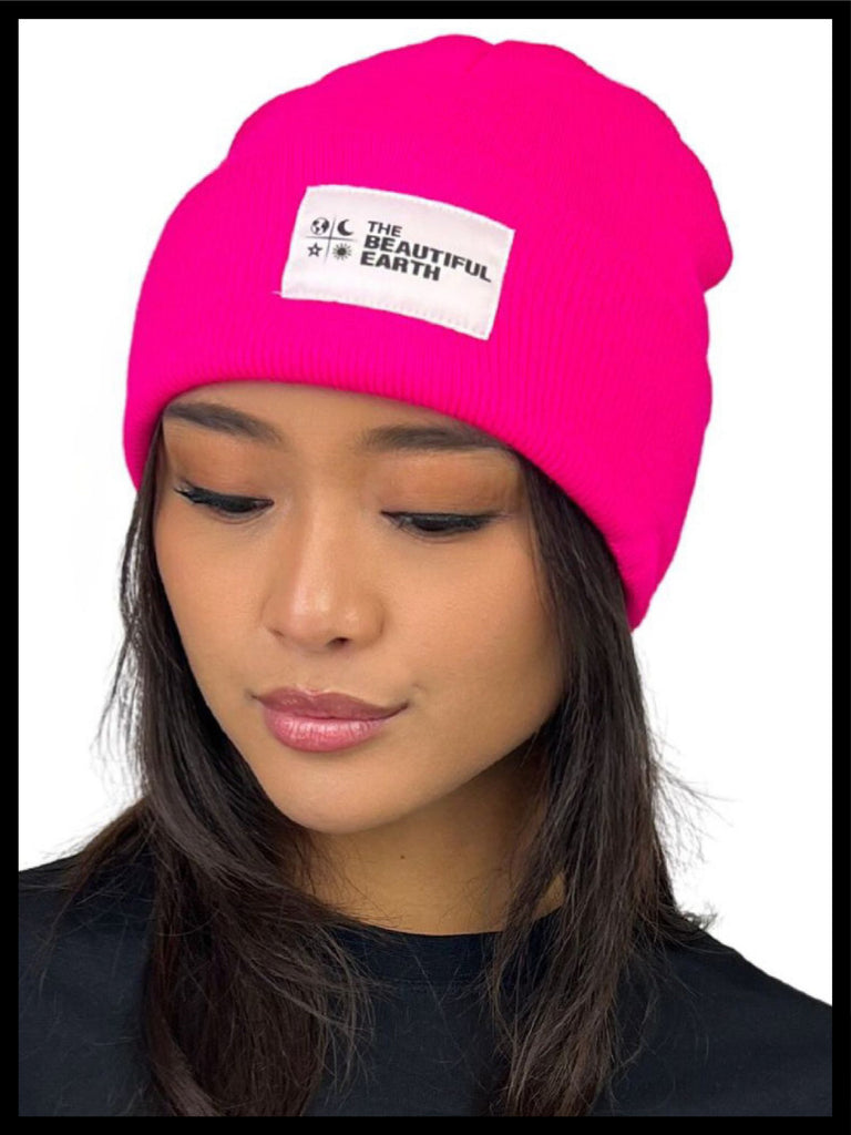 THE YEAR-ROUND BEANIE in HOT PINK OPAL w/ WHITE PATCH on RACHEL THE BEAUTIFUL EARTH | Conscious Clothing Brand + Healthy Essentials