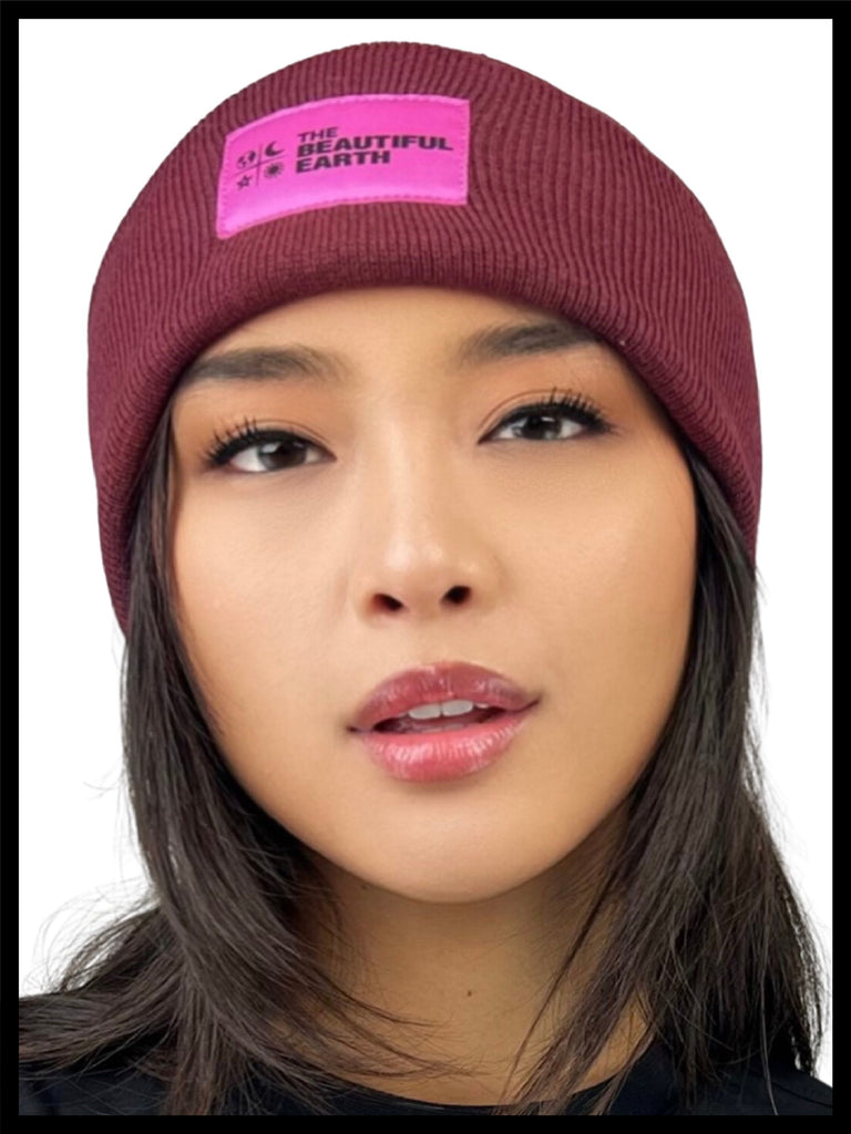 THE YEAR-ROUND BEANIE IN RUBY SUNSET w/ PINK PATCH ON RACHEL THE BEAUTIFUL EARTH | Conscious Clothing Brand + Healthy Essentials