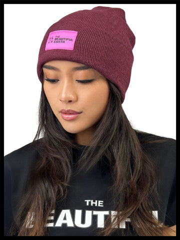 THE YEAR-ROUND BEANIE IN RUBY SUNSET w/ PINK PATCH ON RACHEL THE BEAUTIFUL EARTH | Conscious Clothing Brand + Healthy Essentials