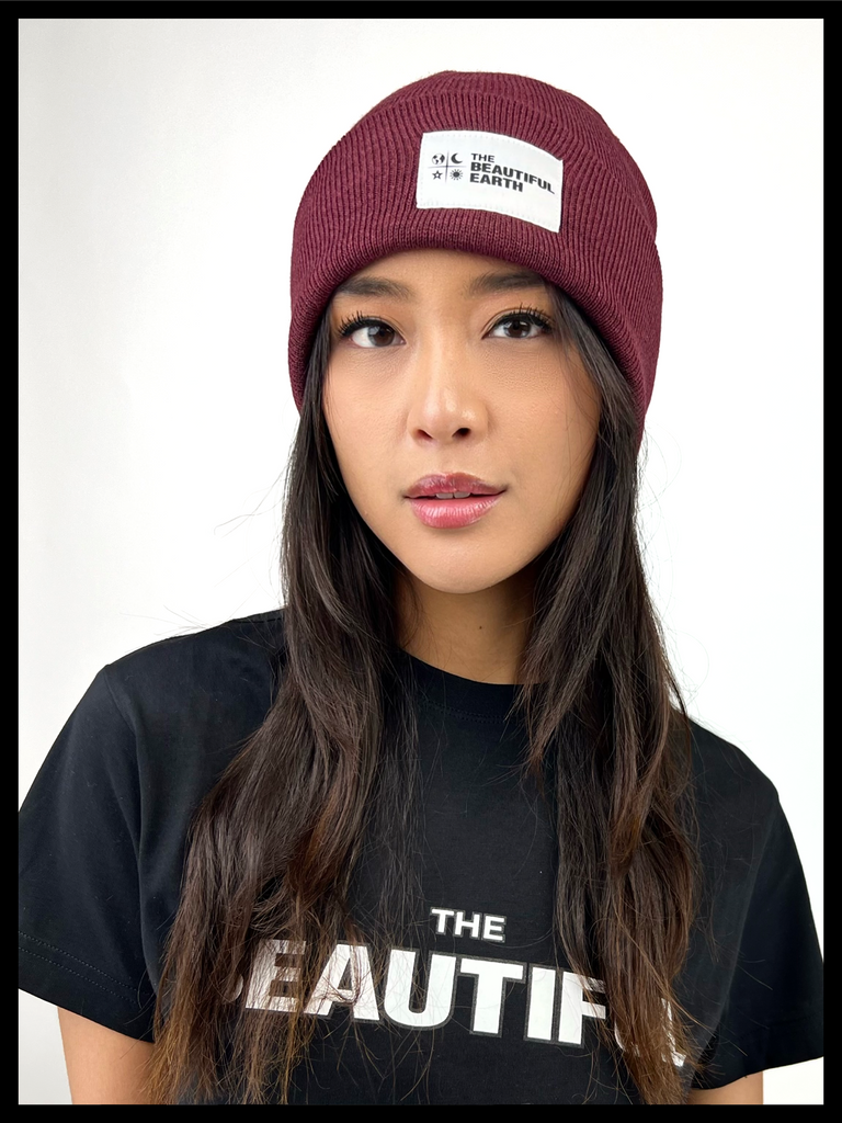 THE YEAR-ROUND BEANIE IN RUBY SUNSET w/ WHITE PATCH ON RACHEL THE BEAUTIFUL EARTH | Conscious Clothing Brand + Healthy Essentials